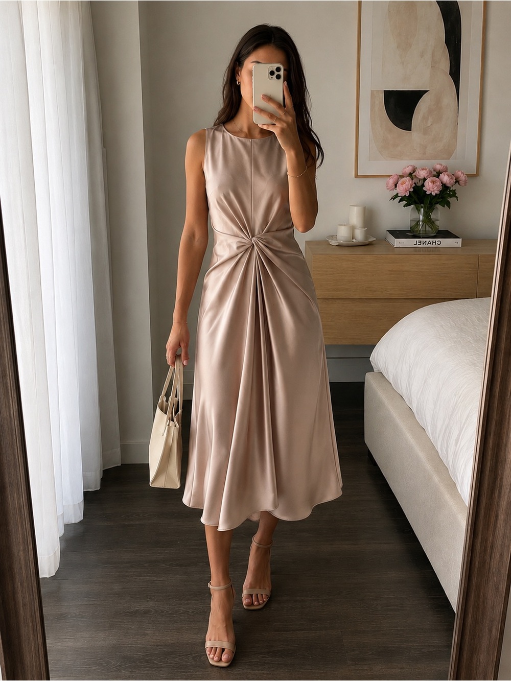 Theory Minimalist Twisted Midi Dress Cloud Atmos Light Draped Blush Pink Size 4